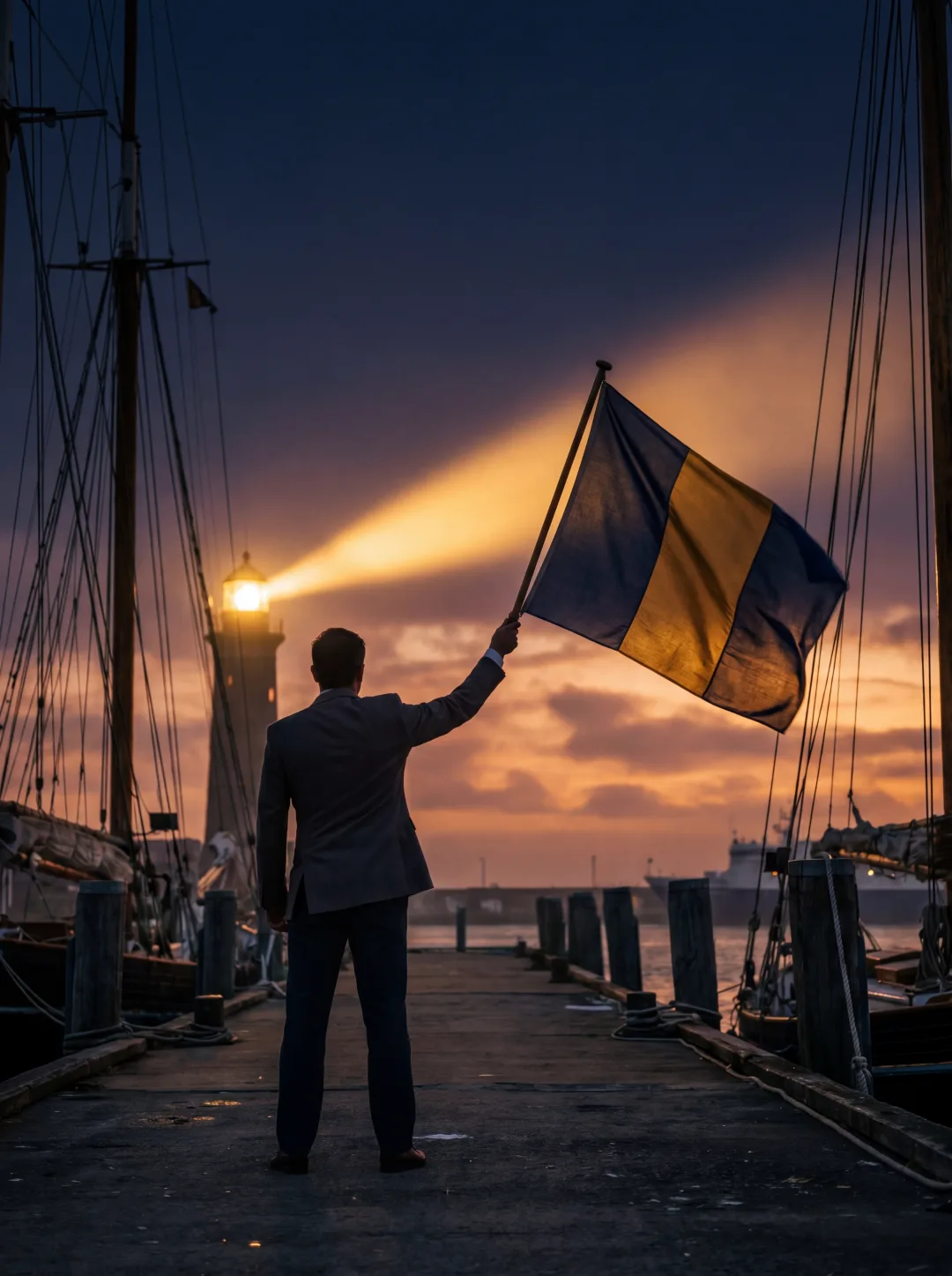 Silhouette am Pier mit Signalflagge